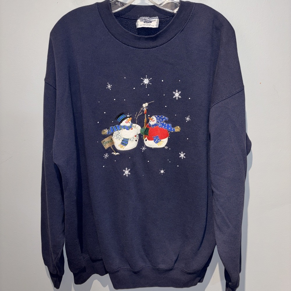 Vintage 90s‎ Navy Sweatshirt Snowman Embroidered Women's Size XL Grannycore